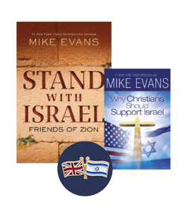 "Why Christians Should Support Israel" Book, United Kingdom-Israeli flag lapel pin and "Stand with Israel" Book