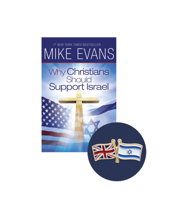 "Why Christians Should Support Israel" and United Kingdom-Israeli flag lapel pin